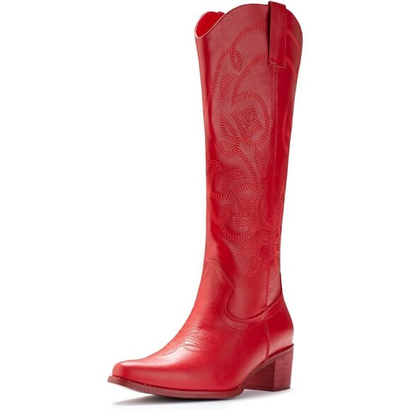 Shoes - Women's Red 1 Pointy Toe Faux Leather Western Cowgirl Mid Calf Boots